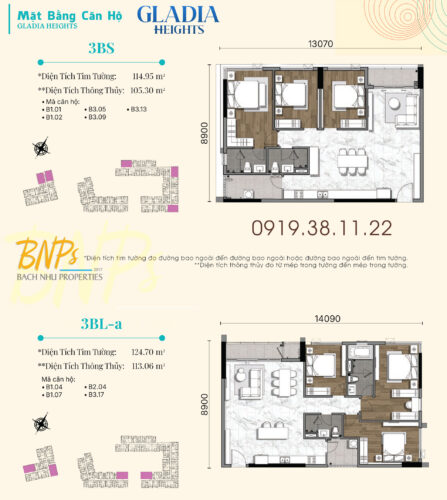 Hình ảnh Mặt Bằng Căn Hộ 3 Phòng Ngủ Gladia Heights