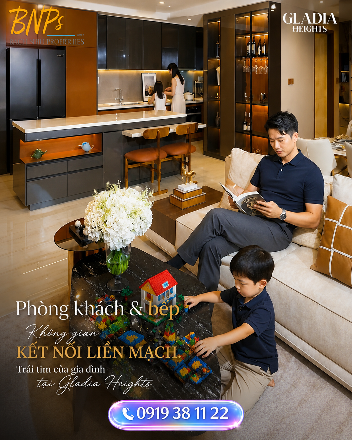 Chi Tiết Căn Hộ Gladia Heights 3 Phòng Ngủ - thiết kế phòng khách và bếp kết nối - Bách Như Properties - BNPs