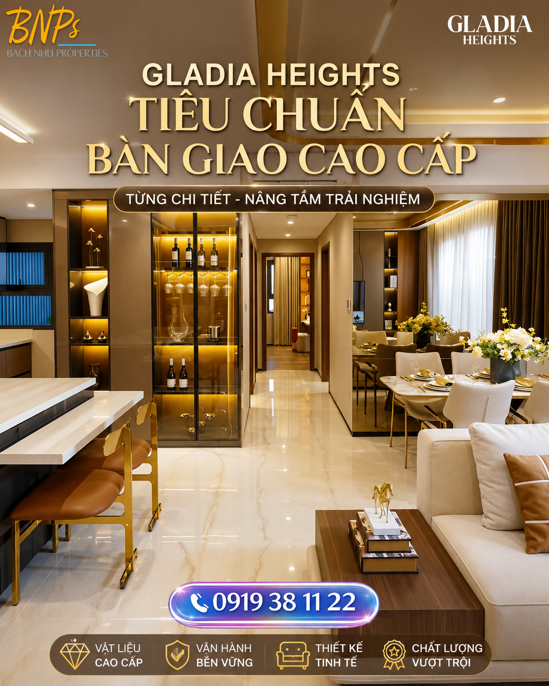 Chi Tiết Căn Hộ Gladia Heights 3 Phòng Ngủ - tiêu chuẩn bàn giao cao cấp - Bách Như Properties - BNPs