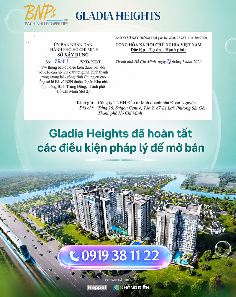 Gladia Heights mở bán khi nào Lịch mở bán 0108 và ưu đãi 500 triệu - Bách Như Properties - BNPs