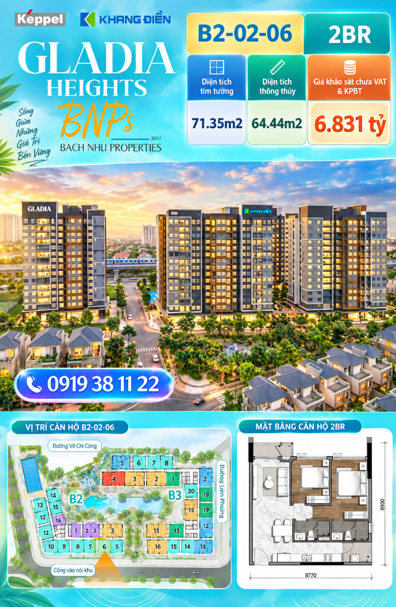 Giá căn 2PN Gladia Heights cập nhật mới nhất Mã căn B2-02-06- Bách Như Properties - BNPs