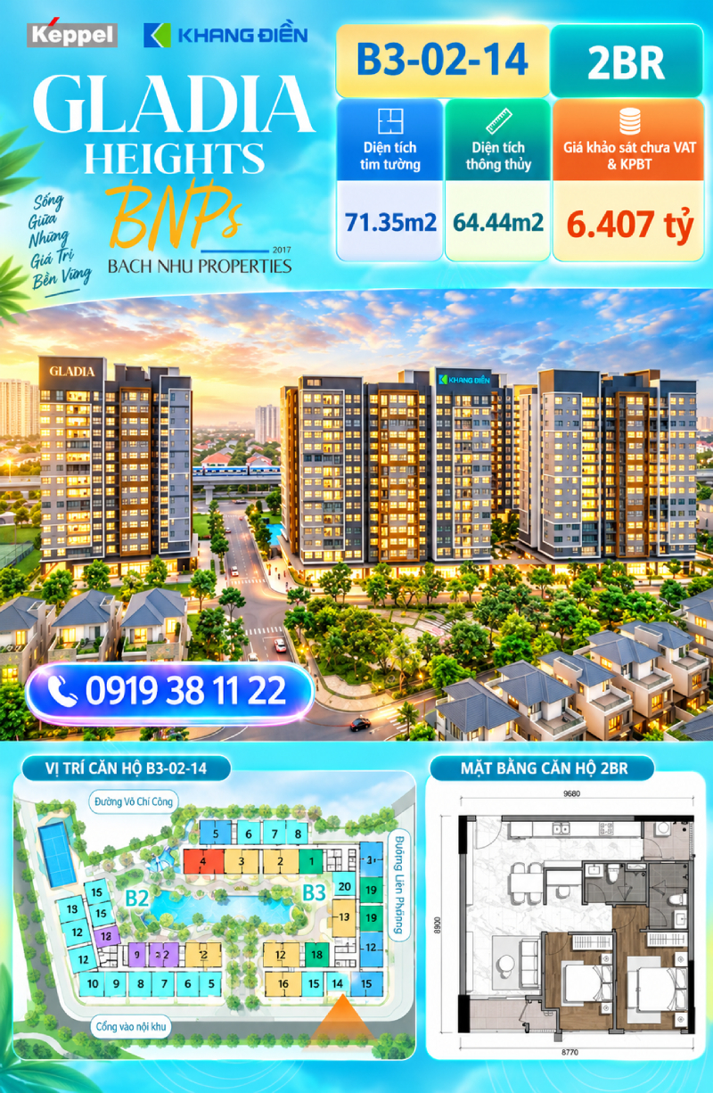Giá căn 2PN Gladia Heights cập nhật mới nhất Mã căn B3-02-14 - Bách Như Properties - BNPs