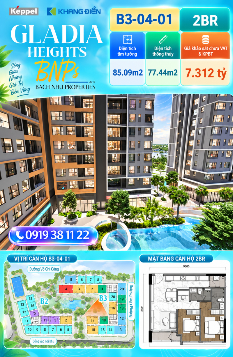 Giá căn 2PN Gladia Heights cập nhật mới nhất Mã căn B3-04-01- Bách Như Properties - BNPs